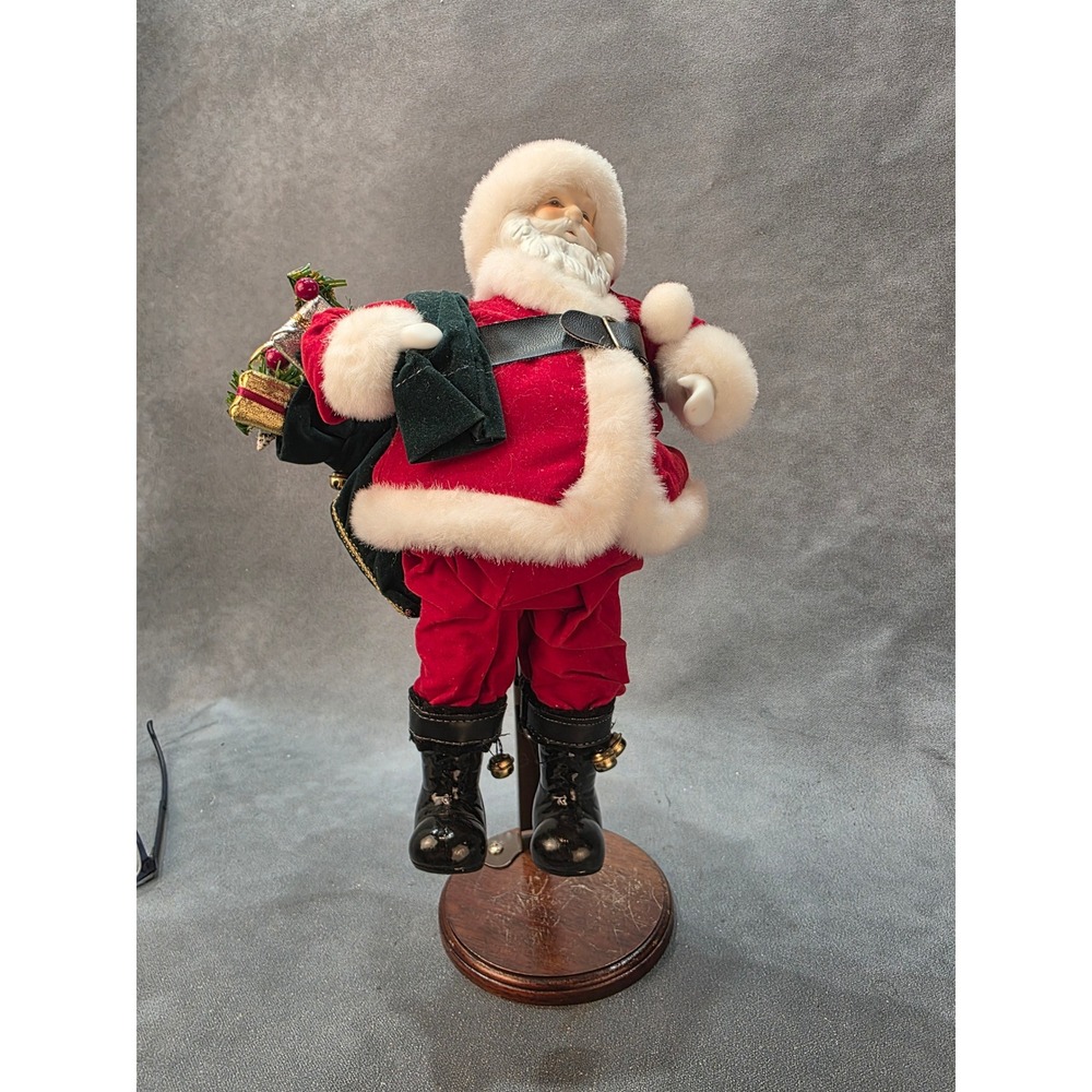 Vintage Porcelain Santa Claus Figurine Red Velvet Suit Toy Sack Wooden Base 15"